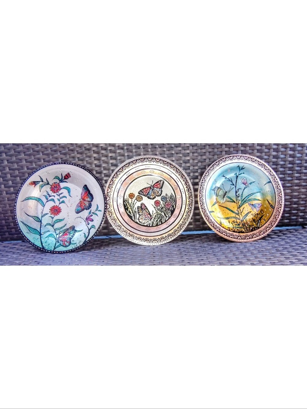 Etched Copper Butterfly Plates Set Of 3 Hand Painted 8 -8.5 Inches C810